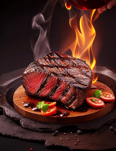 Gegrilde steakfilet gekookt zeldzaam gerookt met kolen en specerijen gegenereerd door AI