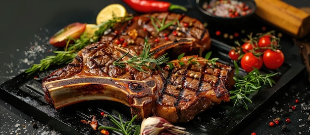 Gegrilde tbone steaks vergezeld van verse kruiden en groenten tegen een donkere achtergrond