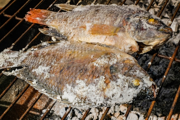 Gegrilde tilapia-vissen op houtskoolfornuis