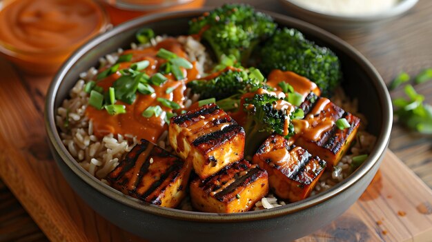 Gegrilde tofu en broccoli over bruine rijst