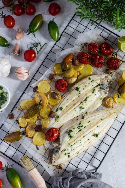 Gegrilde tongvis met groene en rode kersentomaten, aardappel, kappertjes, knoflook, peterselie en olijfolie