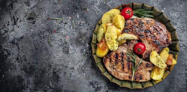 Gegrilde varkenssteak met aardappelen en groenten Lang bannerformaat bovenaanzicht