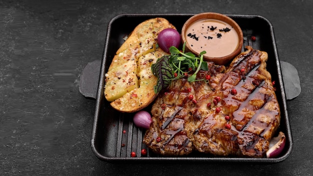 Gegrilde varkenssteak met aardappelen, kruiden en saus op een donkere achtergrond in een koekenpan