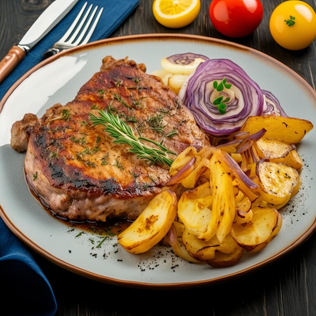 Gegrilde varkenssteak met kruiden en aardappelgarnituur