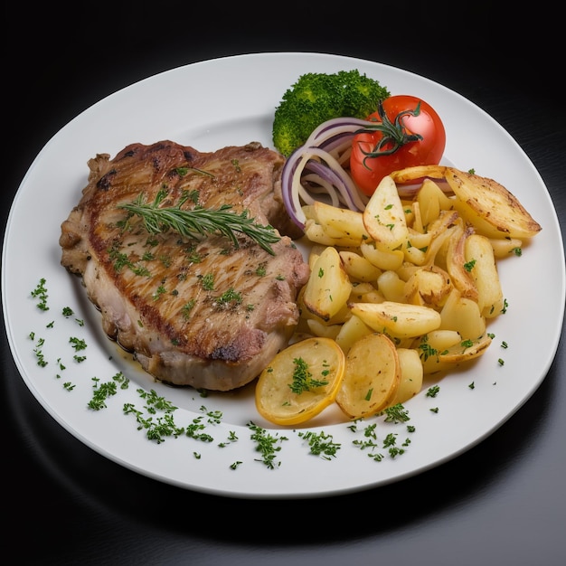 Gegrilde varkenssteak met kruiden en aardappelgarnituur