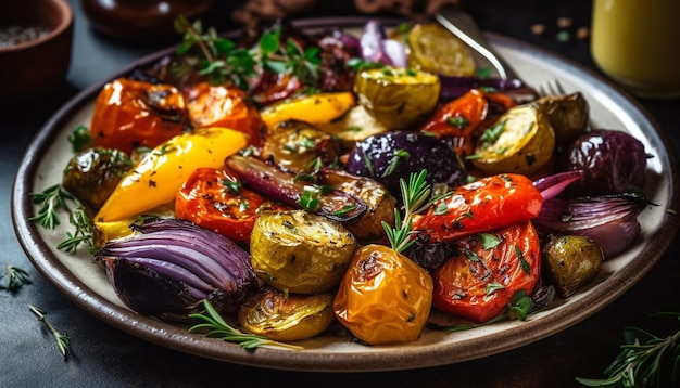 Gegrilde vegetarische maaltijd met verse tomatensalade gegenereerd door AI