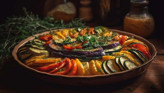 Foto gegrilde vegetarische maaltijd op rustieke houten plaat gegenereerd door ai
