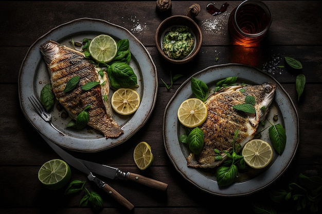 Gegrilde vis met diverse groenten op een pan Heerlijke en gezonde maaltijd Generatieve AI