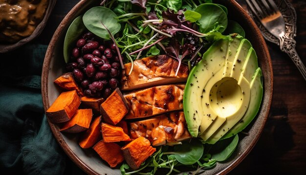 Gegrilde vlees- en groentesalade op rustieke houten plaat verfrissende lunch gegenereerd door AI