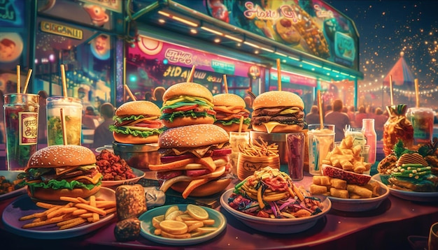 Gegrilde vleesfrietjes en hamburger 's nachts gegenereerd door AI