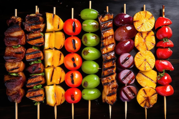 Gegrilde vruchten Set Barbecue Fruitstukken op houten spiesjes Vegetarische Bbq Generatieve AI Illustratie