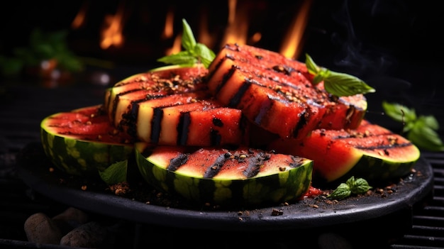 Gegrilde watermeloen met zijn rokerige en gekaramelliseerde buitenkant en biedt een verrassende en heerlijke draai aan het klassieke fruit, perfect voor grillen in de zomer. AI gegenereerd