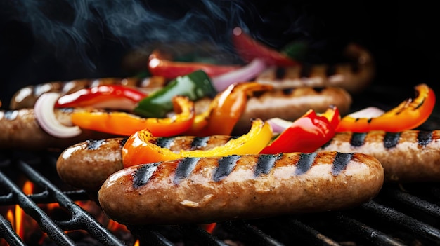 Gegrilde worstjes en groenten op een vlammende bbq-grill een heerlijke voedselposter voor zomerse diners ai gegenereerd