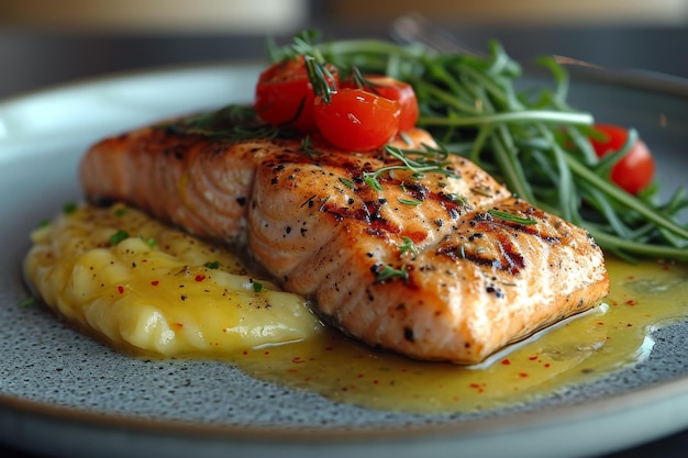 Gegrilde zalm met bijgerecht op een bord besprenkeld met saus