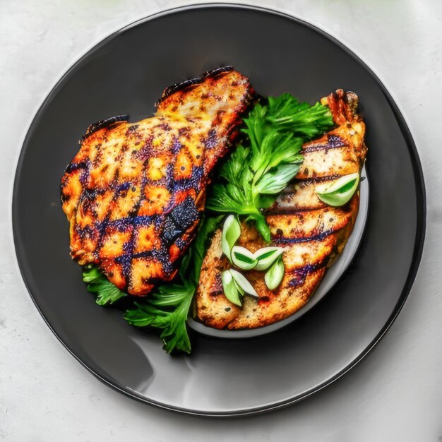 Foto gegrilde zalm met citroentomaat op de houten ondergrond