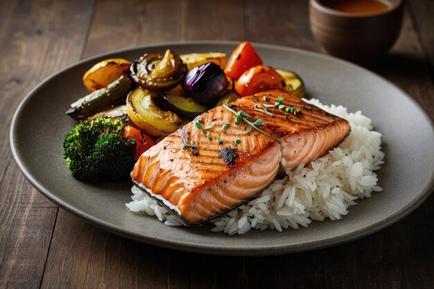 Gegrilde zalm met geroosterde groenten en rijst