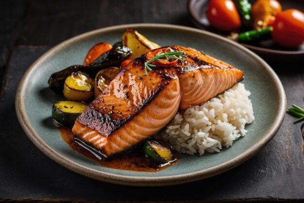 Gegrilde zalm met geroosterde groenten en rijst