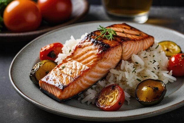 Gegrilde zalm met geroosterde groenten en rijst