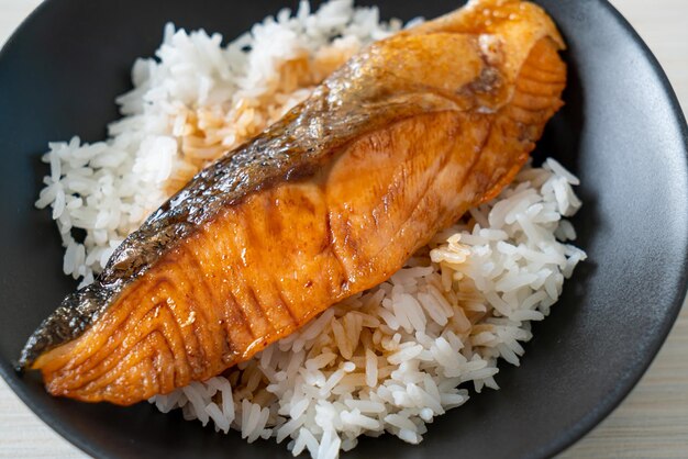 Gegrilde Zalm Met Sojasaus Rijstkom Japans Eten Stijl