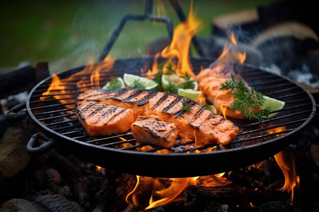 Gegrilde zalm op de grill met vlammen