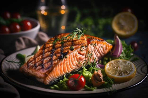 Gegrilde zalm visfilet en verse groene sla Illustratie Generatieve AI