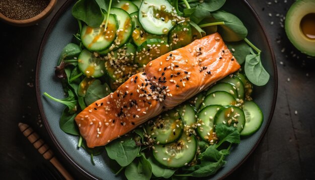 Gegrilde zalmfilet met biologische groentesalade een gastronomische maaltijd gegenereerd door AI