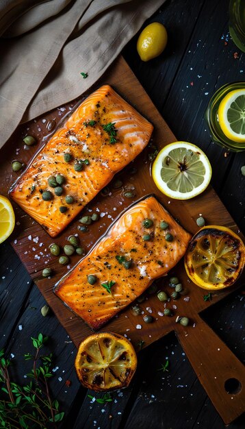 Gegrilde zalmfilets met citroen en kapers aan boord