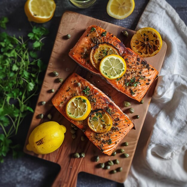 Gegrilde zalmfilets met citroen en kapers aan boord