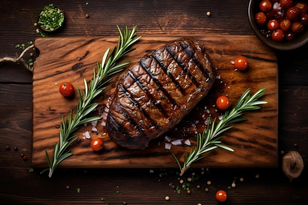 Gegrilled Meat Barbecue Steak op een houten schotel Generatieve AI