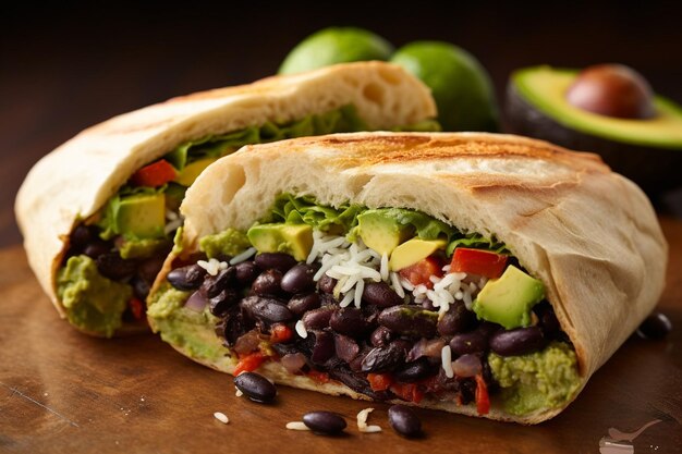 Gegrilled Veggie Burrito Sub Sandwich met zwarte bonen rijst en guacamole