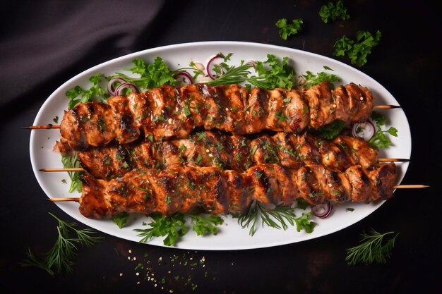 Foto gegrilleerde kippenstaafjes geïsoleerd op witte achtergrond van bovenaf vlees varkensvlees kip of kalkoen shish k