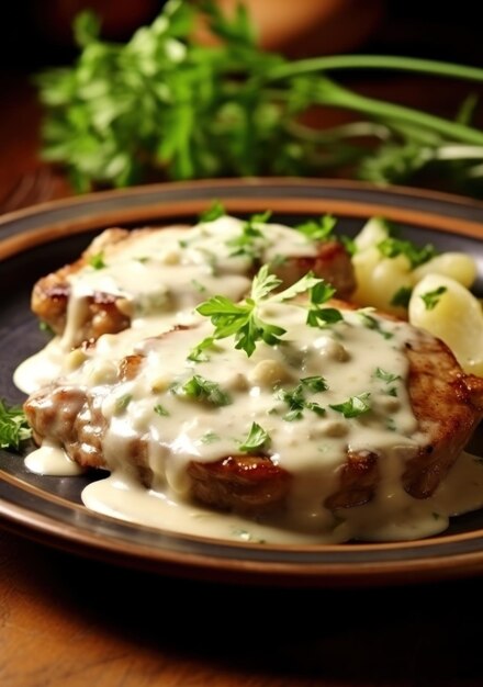 Gegrilleerde varkensvleeskoteletten met champignons en roomsaus