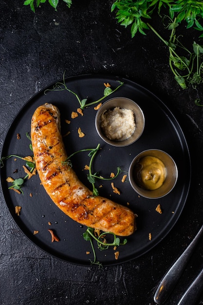 Gegrilleerde worstjes op een donkere plaat met saus