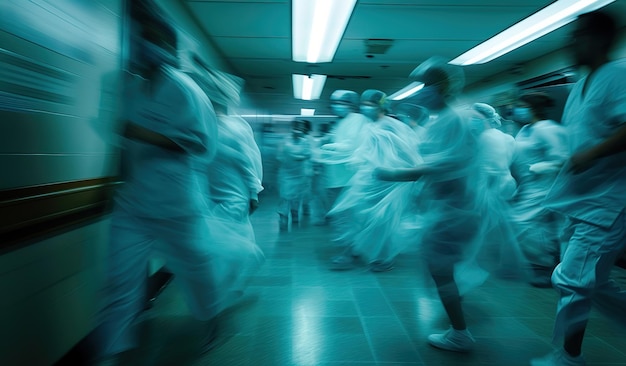 Gehaast medisch personeel in blauwe scrubs in een ziekenhuis corridor Het concept van spoedeisende medische zorg