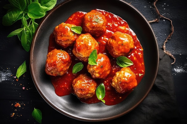 Gehaktballetjes in tomatensaus met kruiden op houten tafel Ai generatief