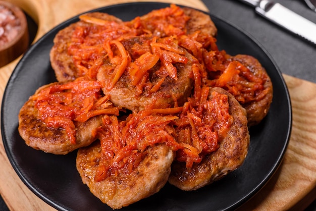 Gehaktballetjes met tomatensaus en kruiden op de zwarte plaat