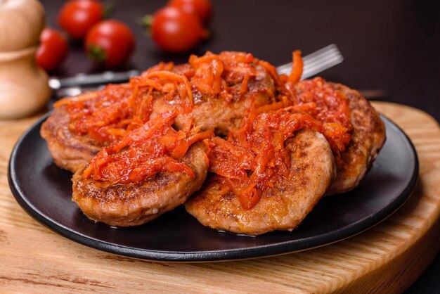 Gehaktballetjes met tomatensaus en kruiden op de zwarte plaat