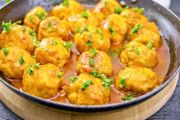 Gehaktballetjes met tomatensaus in een koekenpan met peterselie, dille, servet en lepel op een zwarte houten plankachtergrond