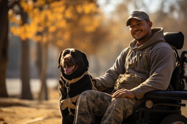 Foto gehandicapte man in militair uniform zit in een rolstoel met zijn hond generative ai