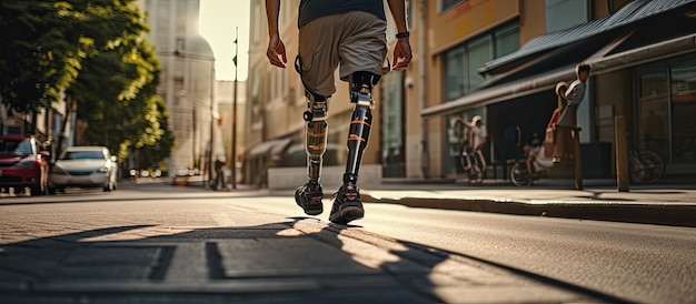 Foto gehandicapte man met kunstledemaat die vanuit een lage hoek op straat loopt