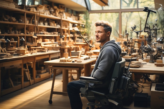 Gehandicapte timmerman in een rolstoel die aan een stuk hout werkt in een houtwerkplaats