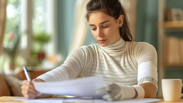 Gehandicapte vrouw met een verbanden arm die een document ondertekent