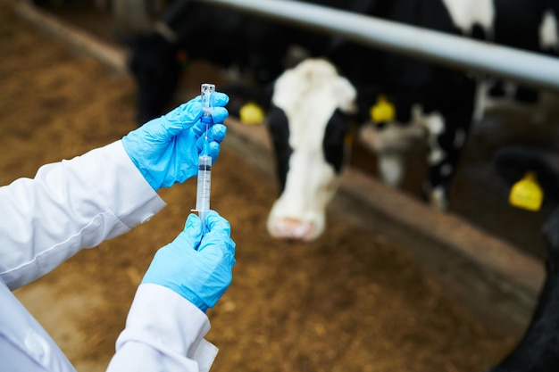 Gehandschoende handen van gezondheidswerker die de spuit invult met een nieuw vaccin