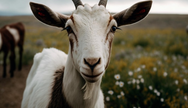 Gehoornde geit grazen close-up portret schattig bont gegenereerd door AI