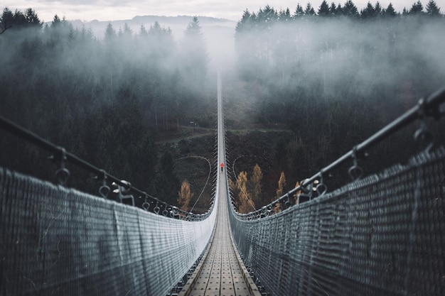 Foto geierlay hangseilbrucke over de vallei bij mistig weer