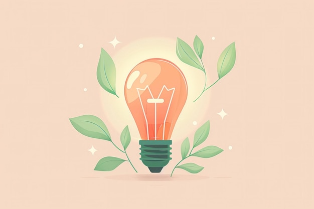 Geïllustreerde gloeilamp omringd door groene bladeren op een zachte beige achtergrond die creativiteit en innovatie symboliseert