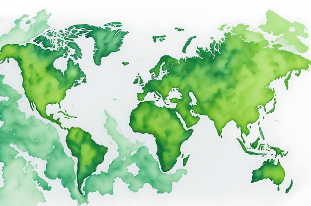 Geïllustreerde kaart van de wereld met een geïsoleerde achtergrond groene hemel aquarel