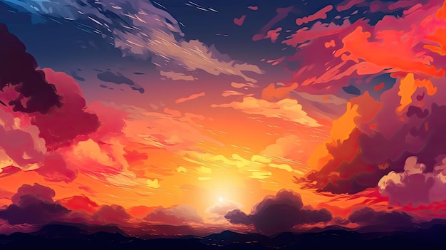 Geïllustreerde lucht met wolken zon sterren en zonsopgang of zonsondergang Artistieke digitale tekening Atmosferische en dromerige Generatieve AI