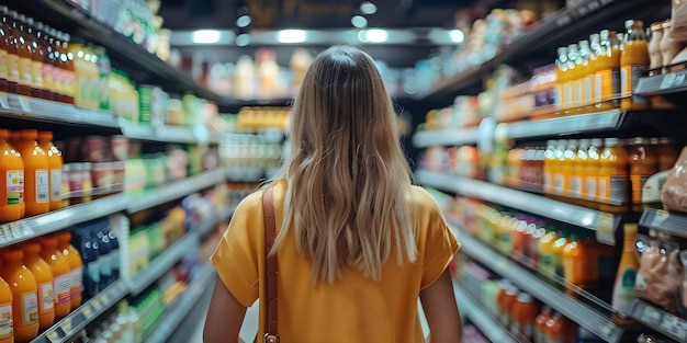 Geïnformeerd consumentengedrag Vrouw die producten in de supermarkt vergelijkt op basis van voedingsprijzen en ingrediënten Concept Grocery Shopping Nutrition Vergelijking van productprijzen