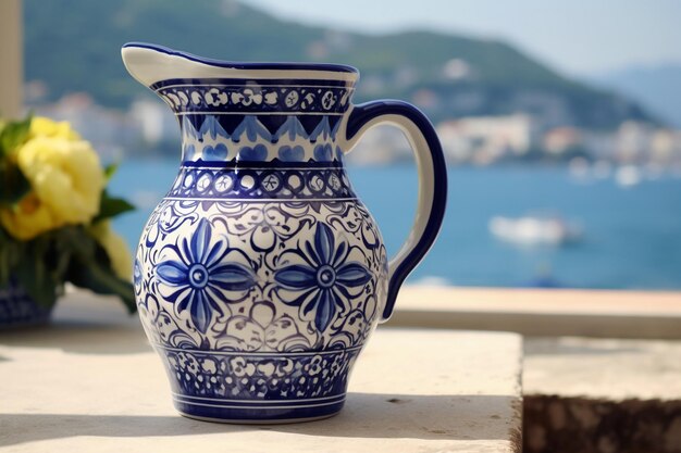 Foto geïnspireerde kruik vaas gemaakt van met de hand geschilderde keramiek versierd met levendige blauwe en witte patronen a